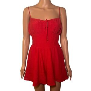 Windsor Red Smocked Tie Front Mini Dress Spaghetti Strap Flirty Fit Flare